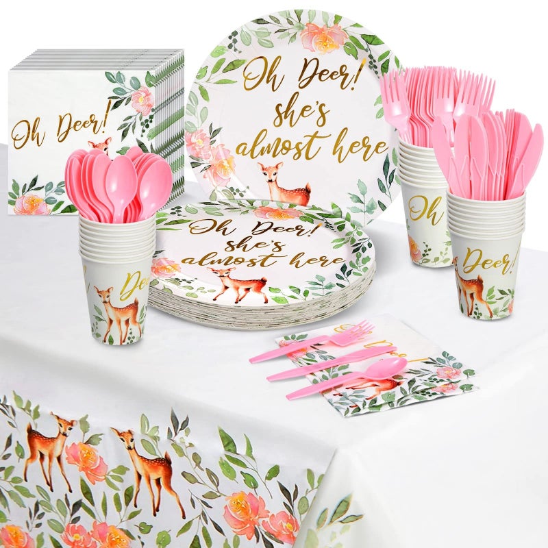 Sparkle and Bash Oh Deer Baby Shower Decoration Set Floral Deer Baby Shower Decorations for Girl Disposable Party Plates Napkins Party Cutlery Cups Pack of 145 Serves 24 Gold Pink - Image 3