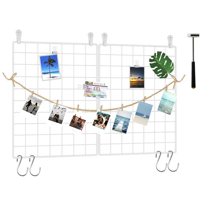 PHOTO WALL DISPLAY SET OF 2 GRID PANEL WITH HOOKS CLIPS HEMP CORD HAMMER 157 X 118 WHITE UWWGM3402W