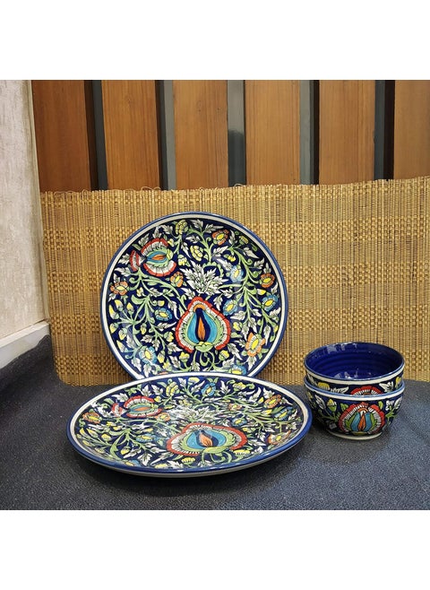 Caffeine Ceramic Handmade Blue Jaipuri Combo Dinner Set (4 pcs.)