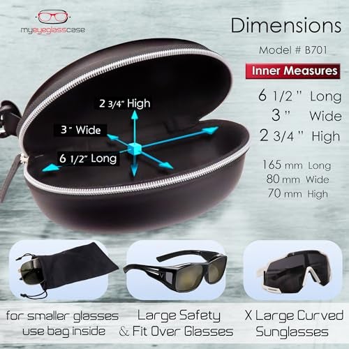 MyEyeglassCase Extra Large & Long Sunglasses case, EVA Zipper Snow Goggles - Semi Hard Glasses Case Compact & Lightweight with belt Clip and cloth (B701 XL Blk & Grey) - Image 4