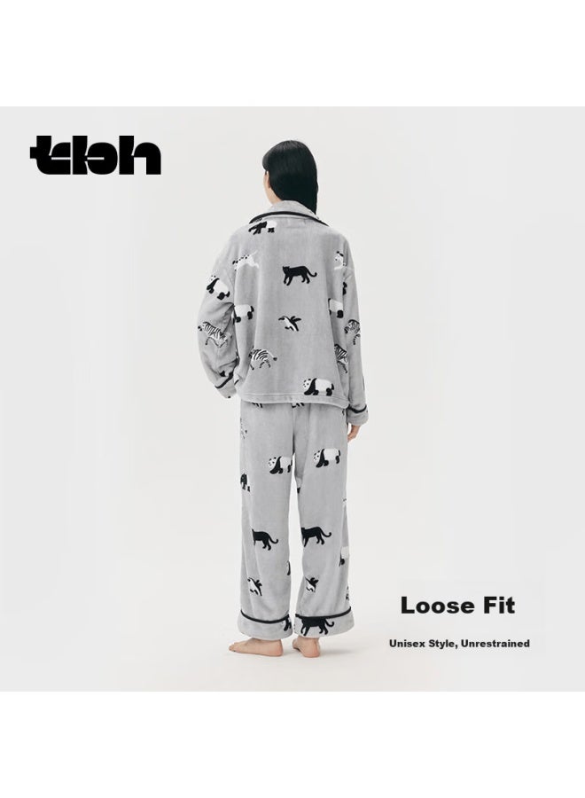 Tbh Panda Puff Flannel Loungewear Set, Wearable Outside, Autumn And Winter Long-sleeve Couple Pajamas, Black And White Friends, M - Image 3