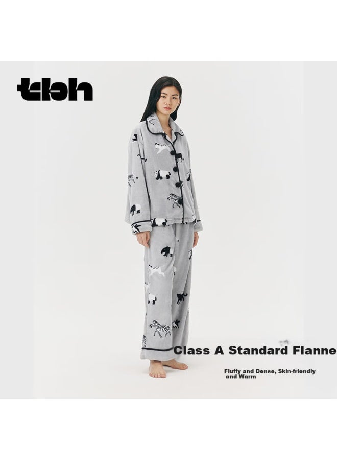 Tbh Panda Puff Flannel Loungewear Set, Wearable Outside, Autumn And Winter Long-sleeve Couple Pajamas, Black And White Friends, M - Image 2