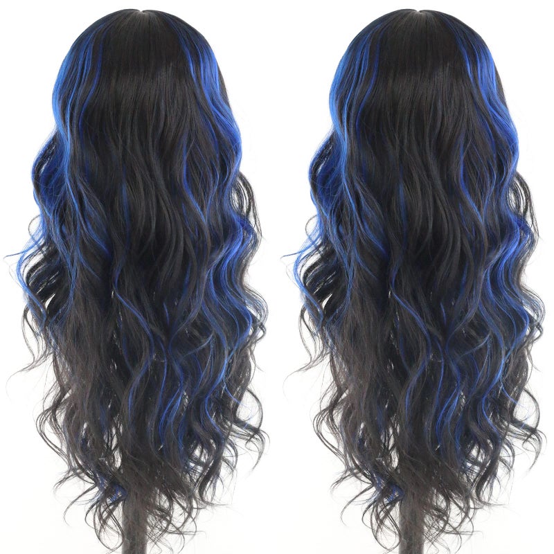 ANDRIA Blue Wig Highlight Lace Front Loose Wave Wigs with Baby Hair Black mix Blue Glueless Lace Wigs, 24 Inches - Image 4