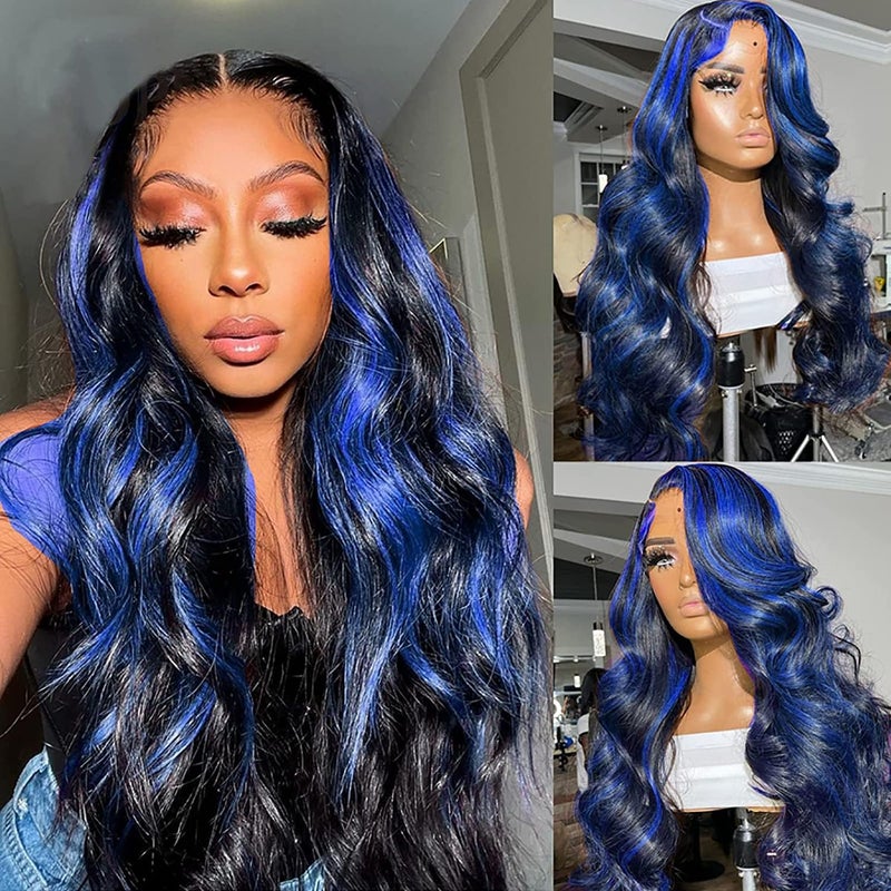 ANDRIA Blue Wig Highlight Lace Front Loose Wave Wigs with Baby Hair Black mix Blue Glueless Lace Wigs, 24 Inches - Image 1