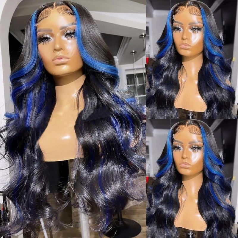 ANDRIA Blue Wig Highlight Lace Front Loose Wave Wigs with Baby Hair Black mix Blue Glueless Lace Wigs, 24 Inches - Image 2