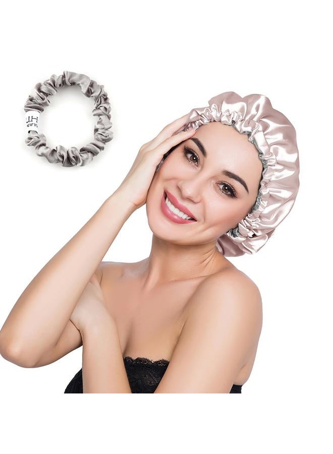 ELIHAIR Stain Bonnet Silk Sleep Cap Adjustable Satin Cap for Night Sleeping Hair Bonnet Reversible Double Layer Champagne/Grey - Image 1