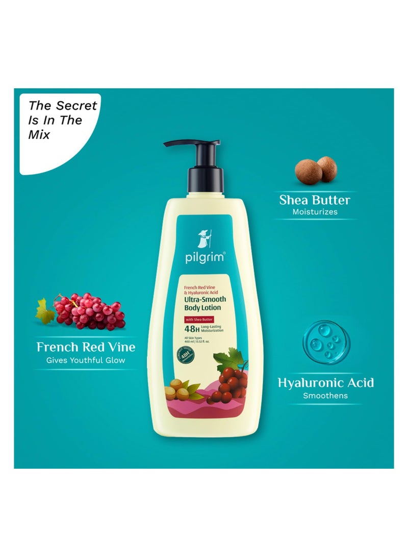 بيلجريم لوشن بيلجريم للجسم فائق النعومة بخلاصة العنب الأحمر الفرنسي وحمض الهيالورونيك، ٤٠٠ مل | ترطيب يدوم ٤٨ ساعة | لوشن للجسم للبشرة الجافة | لوشن للجسم للشتاء | غني بزبدة الشيا | مناسب لجميع أنواع البشرة - Image 2