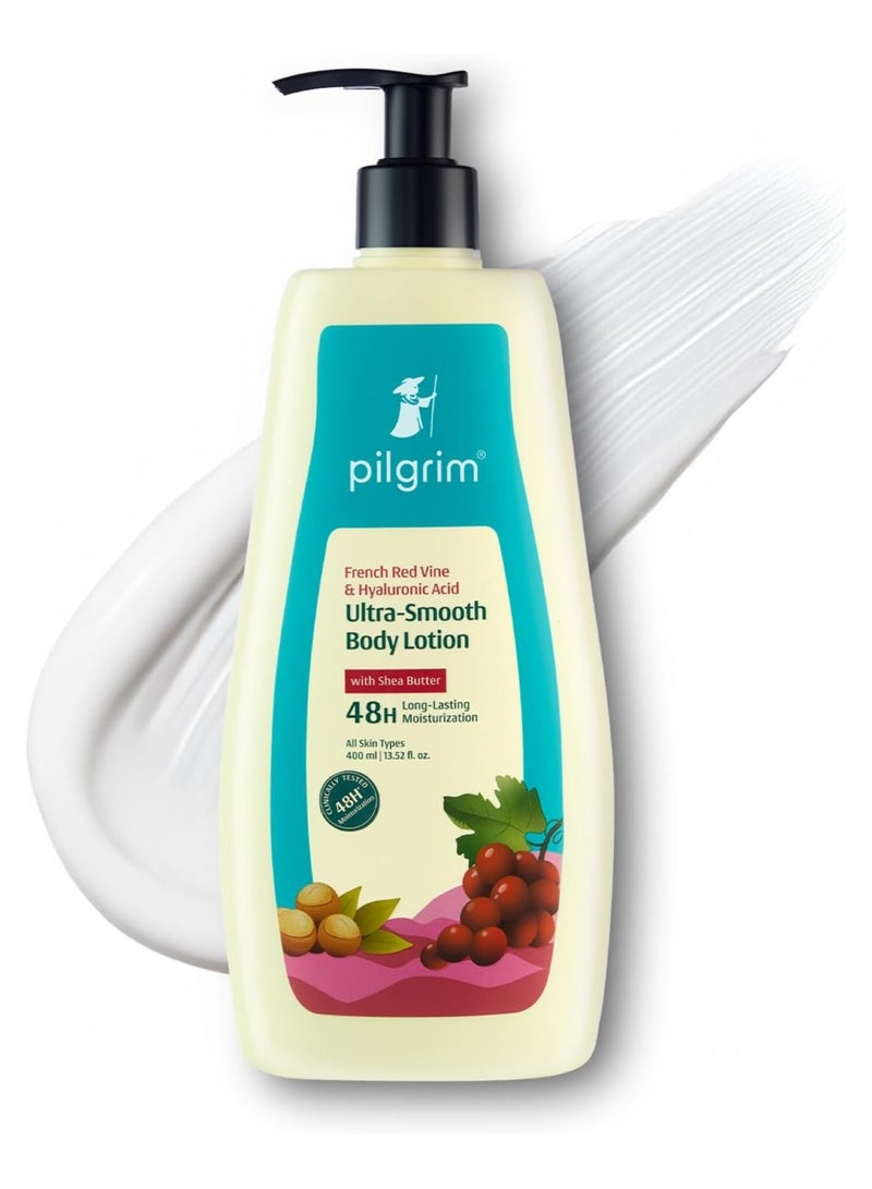 بيلجريم لوشن بيلجريم للجسم فائق النعومة بخلاصة العنب الأحمر الفرنسي وحمض الهيالورونيك، ٤٠٠ مل | ترطيب يدوم ٤٨ ساعة | لوشن للجسم للبشرة الجافة | لوشن للجسم للشتاء | غني بزبدة الشيا | مناسب لجميع أنواع البشرة - Image 1