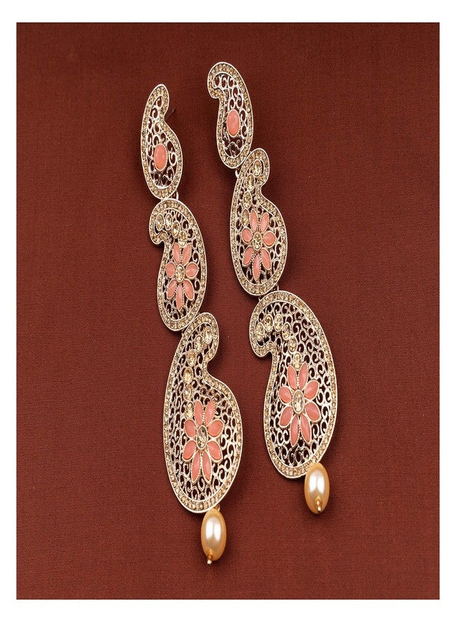 JFL - Jewellery for Less Gold Tone Austrian Cz LCD Diamond and Polki Stone Studded Long Dangler Earrings for Women and Girls (Dark Peach),Valentine - Image 2