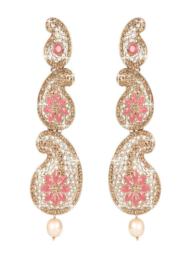 JFL - Jewellery for Less Gold Tone Austrian Cz LCD Diamond and Polki Stone Studded Long Dangler Earrings for Women and Girls (Dark Peach),Valentine - Image 1