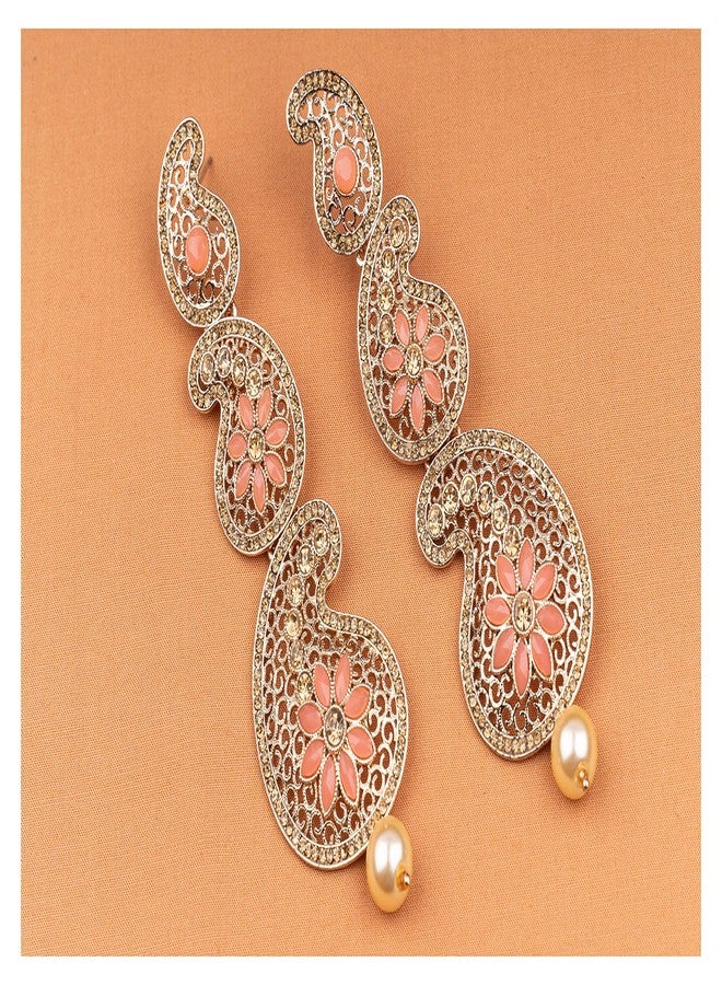 JFL - Jewellery for Less Gold Tone Austrian Cz LCD Diamond and Polki Stone Studded Long Dangler Earrings for Women and Girls (Dark Peach),Valentine - Image 3