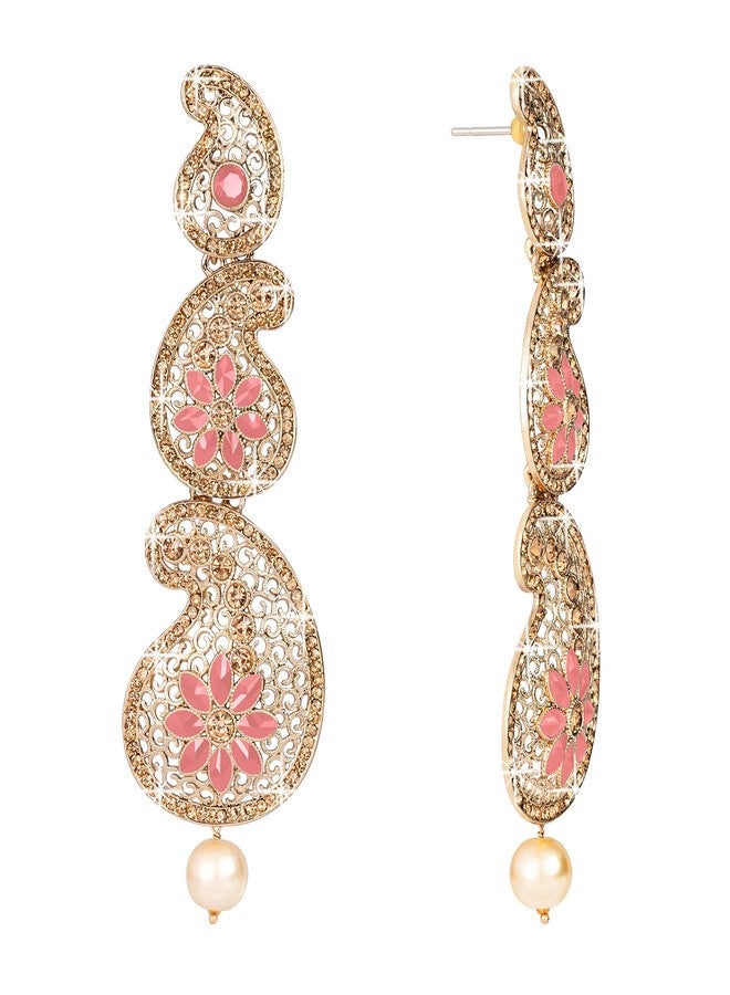 JFL - Jewellery for Less Gold Tone Austrian Cz LCD Diamond and Polki Stone Studded Long Dangler Earrings for Women and Girls (Dark Peach),Valentine - Image 5