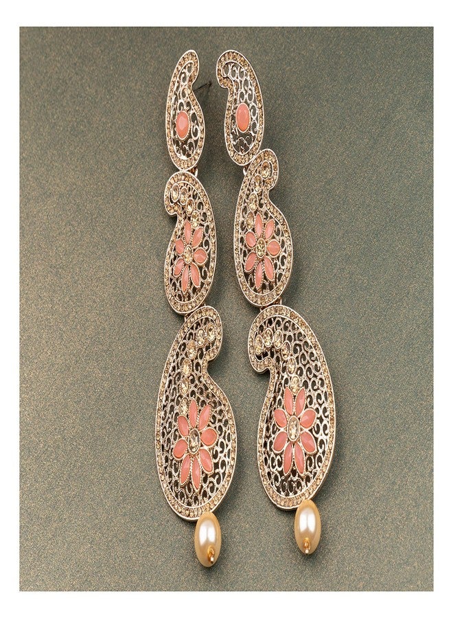 JFL - Jewellery for Less Gold Tone Austrian Cz LCD Diamond and Polki Stone Studded Long Dangler Earrings for Women and Girls (Dark Peach),Valentine - Image 4