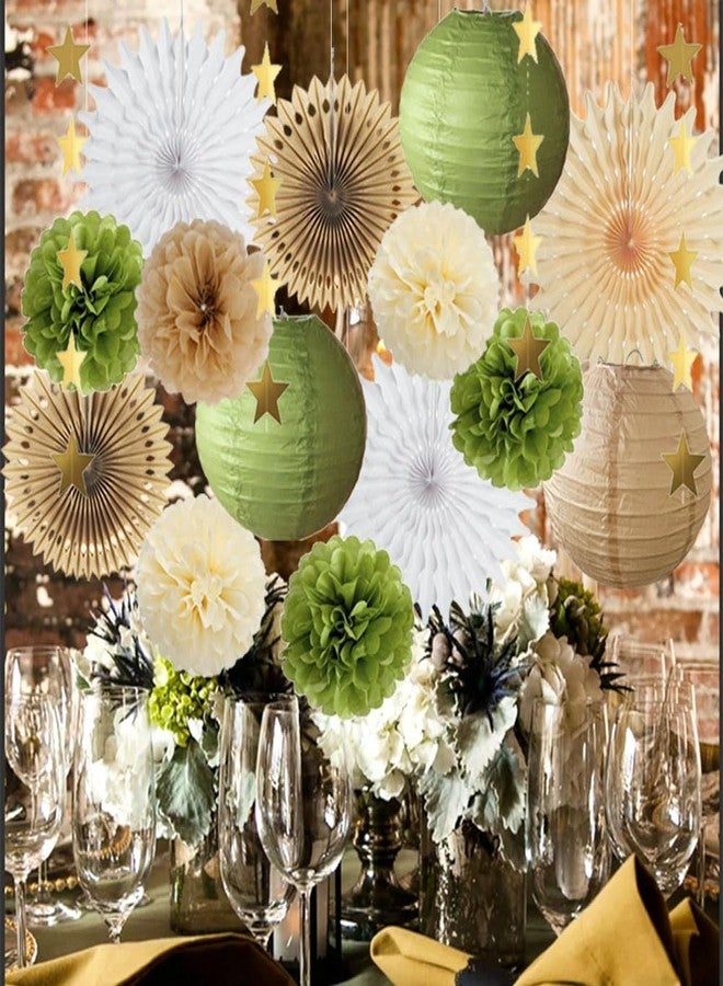 FETETIJD Olive Green and Brown Party Decorations Paper Lanterns and Fans Olive Green Tissue Pom Poms Cream with Gold Star Garland for Baby Shower Bridal Shower Wedding Birthday Party Decorations - Image 4