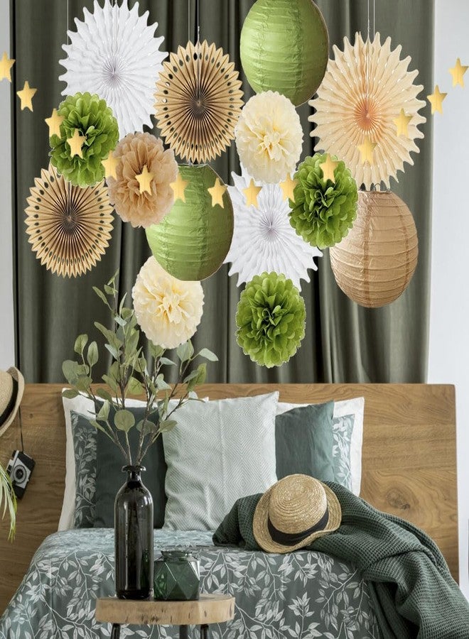 FETETIJD Olive Green and Brown Party Decorations Paper Lanterns and Fans Olive Green Tissue Pom Poms Cream with Gold Star Garland for Baby Shower Bridal Shower Wedding Birthday Party Decorations - Image 3