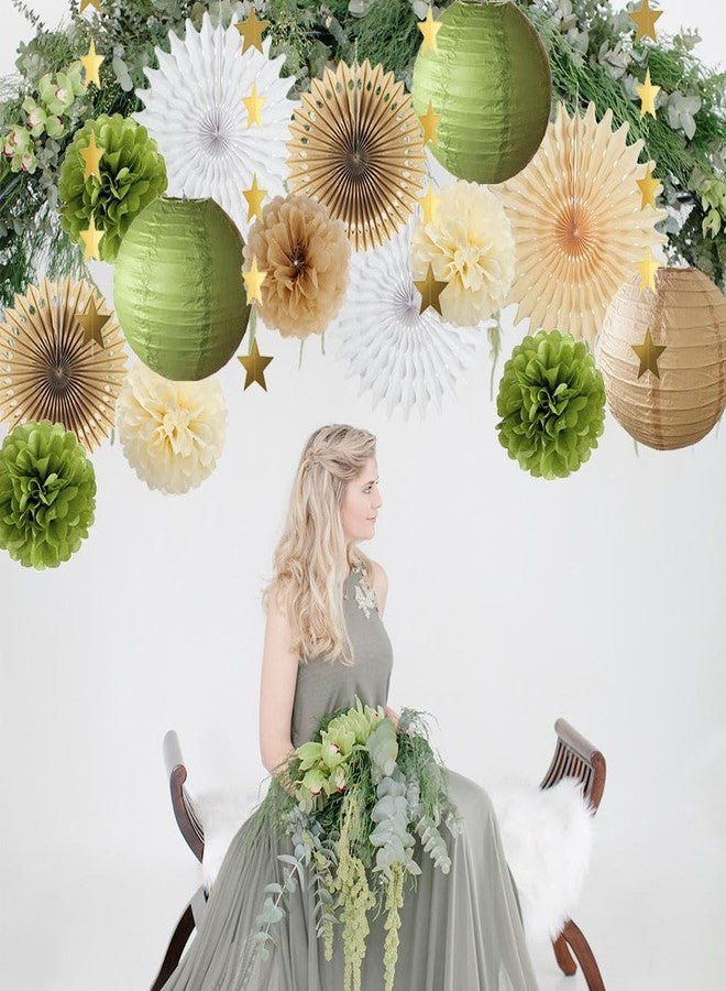FETETIJD Olive Green and Brown Party Decorations Paper Lanterns and Fans Olive Green Tissue Pom Poms Cream with Gold Star Garland for Baby Shower Bridal Shower Wedding Birthday Party Decorations - Image 5