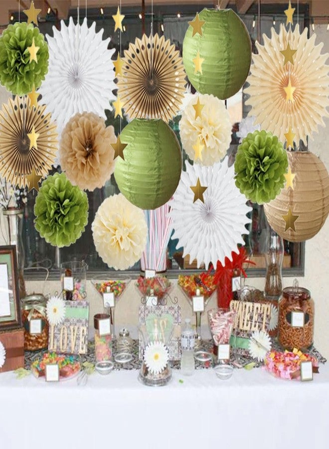 FETETIJD Olive Green and Brown Party Decorations Paper Lanterns and Fans Olive Green Tissue Pom Poms Cream with Gold Star Garland for Baby Shower Bridal Shower Wedding Birthday Party Decorations - Image 2