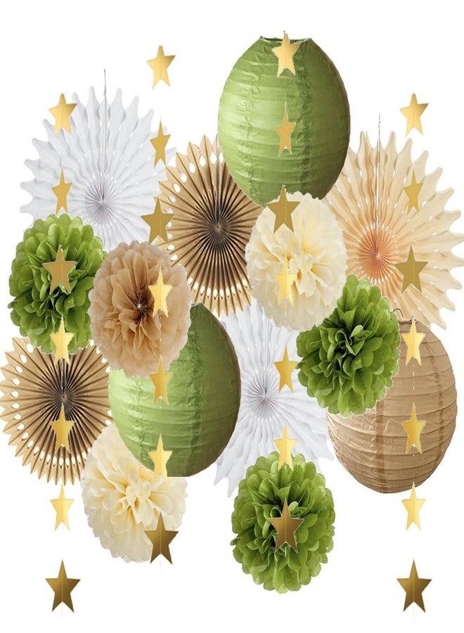 FETETIJD Olive Green and Brown Party Decorations Paper Lanterns and Fans Olive Green Tissue Pom Poms Cream with Gold Star Garland for Baby Shower Bridal Shower Wedding Birthday Party Decorations - Image 1