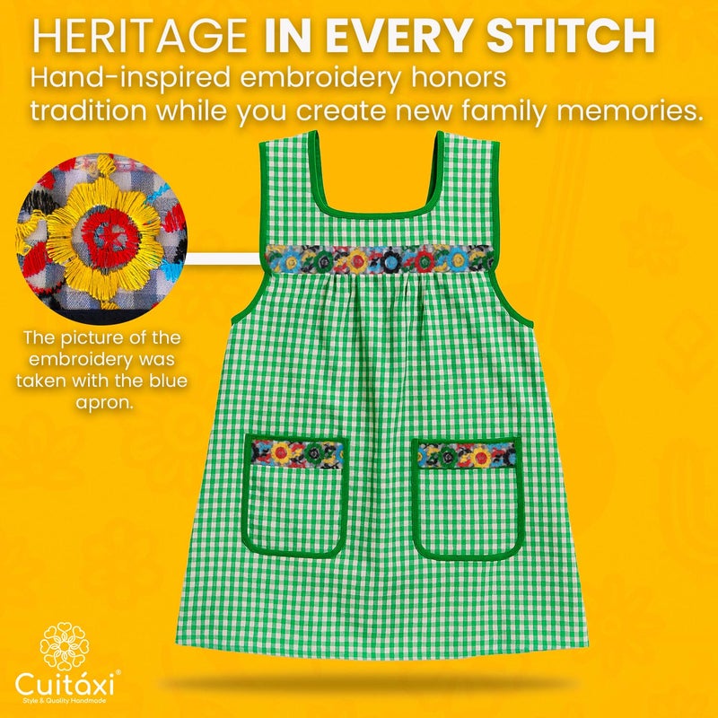 CuitÃ¡xi Traditional Mexican apron for women with pockets beautiful flower embroidery One size - Mandiles para mujer mexicanos mandil Green - Image 2