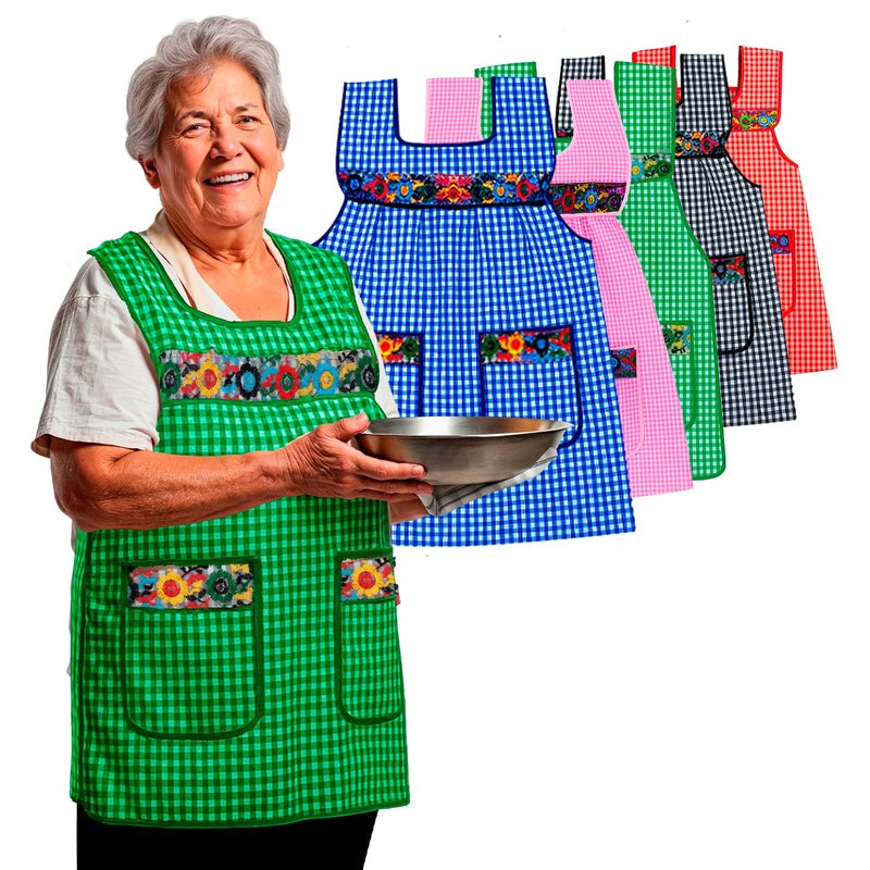 CuitÃ¡xi Traditional Mexican apron for women with pockets beautiful flower embroidery One size - Mandiles para mujer mexicanos mandil Green - Image 1