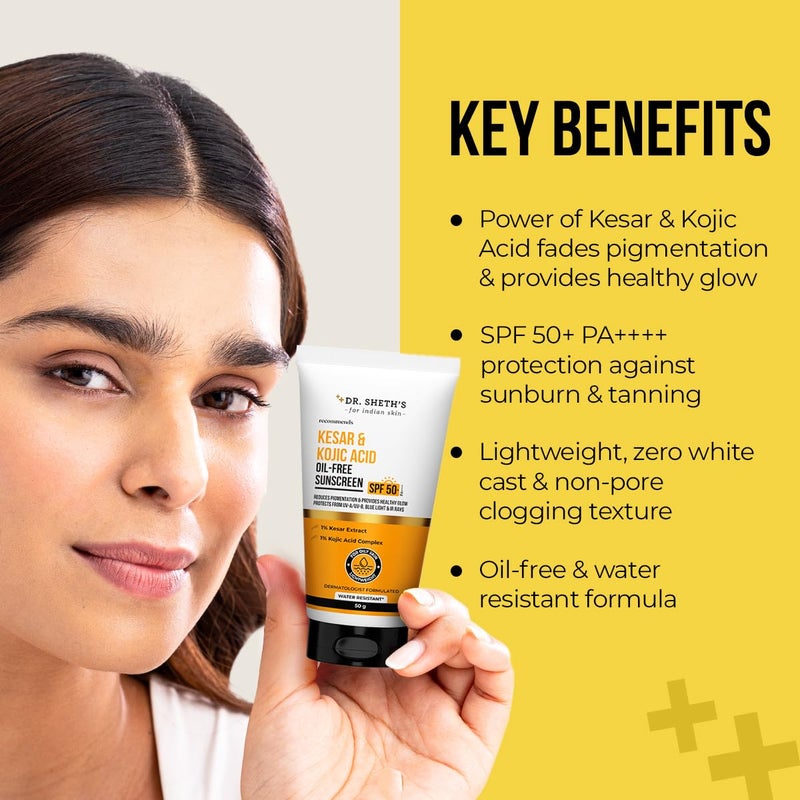 Dr. Sheth's كريم واقي شمس دكتور شيثس كيسار خالي من الزيت مع حمض كوجيك SPF 50 PA مختبر سريرياً يقلل من التصبغ يوفر إشراقة صحية للبشرة الدهنية خفيف الوزن وغير دهني حماية من UVA و UVB والضوء الأزرق والأشعة تحت الحمراء بدون أثر أبيض 50 جرام - Image 3