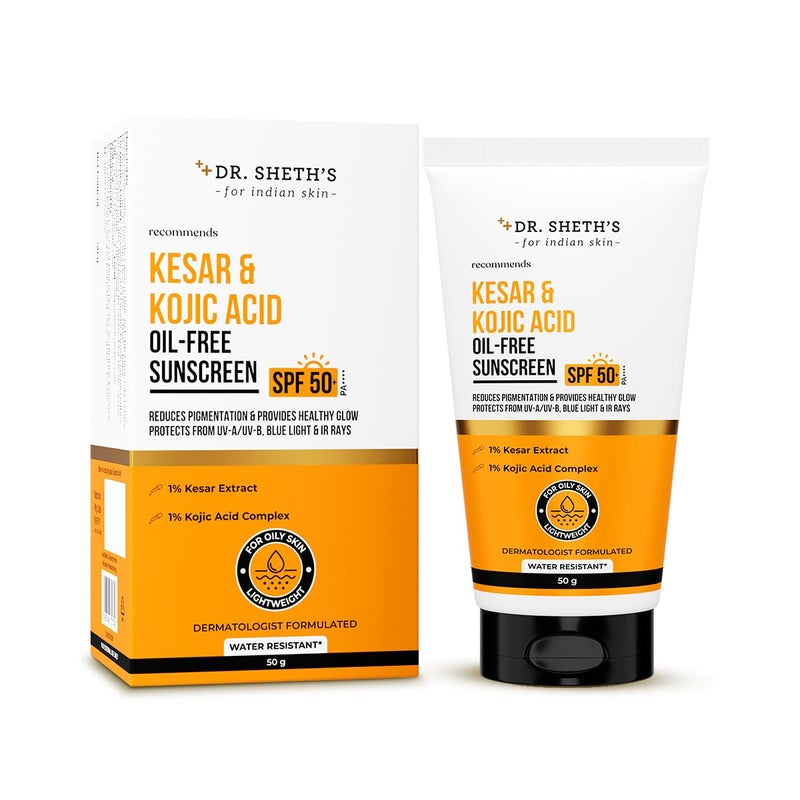 Dr. Sheth's كريم واقي شمس دكتور شيثس كيسار خالي من الزيت مع حمض كوجيك SPF 50 PA مختبر سريرياً يقلل من التصبغ يوفر إشراقة صحية للبشرة الدهنية خفيف الوزن وغير دهني حماية من UVA و UVB والضوء الأزرق والأشعة تحت الحمراء بدون أثر أبيض 50 جرام - Image 1