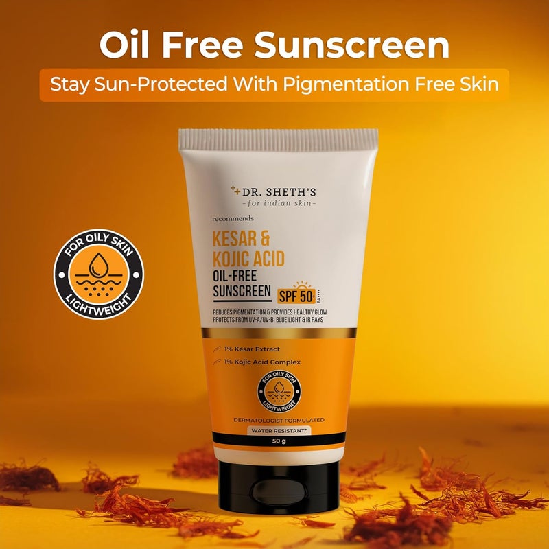 Dr. Sheth's كريم واقي شمس دكتور شيثس كيسار خالي من الزيت مع حمض كوجيك SPF 50 PA مختبر سريرياً يقلل من التصبغ يوفر إشراقة صحية للبشرة الدهنية خفيف الوزن وغير دهني حماية من UVA و UVB والضوء الأزرق والأشعة تحت الحمراء بدون أثر أبيض 50 جرام - Image 2