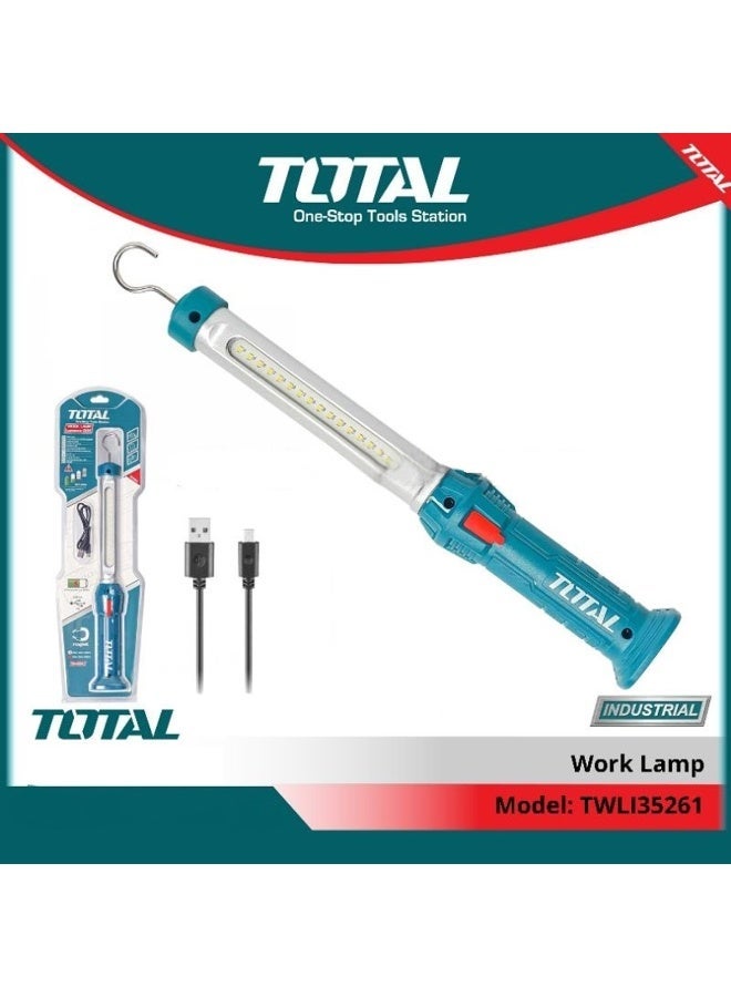 TOTAL TWLI135261 Rechargeable LED Work Lamp 300 Lumens, USB Rechargeable Inspection Light with 360° Hanging Hook, Magnetic Base, Portable Emergency Light for Garage, Workshop, Home, Car Repair and Camping - Image 1
