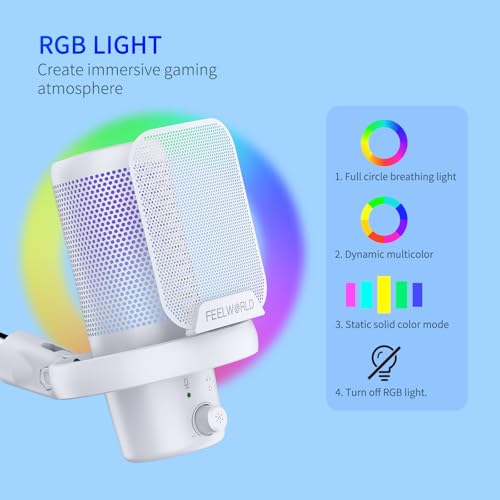 FEELWORLD VM1 White Gaming PC USB Microphone Condenser Mic with Noise Cancellation Mute RGB Light, Computer Accessories Gifts for Gamer YouTube Twitch Podcast Streaming Recording Online Chat PS4 PS5 - Image 4