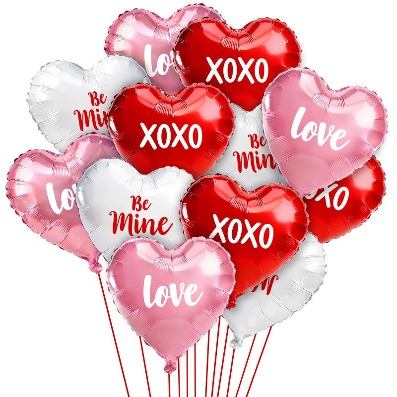 Whaline 30 Pcs Valentines Day Heart Balloons 18 Inch Foil XOXO Be Mine Love Red Pink White Conversation Heart Shaped Inflatable Balloons with Ribbon for Wedding Anniversary Birthday Party Decoration - Image 3