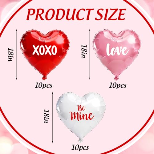 Whaline 30 Pcs Valentines Day Heart Balloons 18 Inch Foil XOXO Be Mine Love Red Pink White Conversation Heart Shaped Inflatable Balloons with Ribbon for Wedding Anniversary Birthday Party Decoration - Image 5