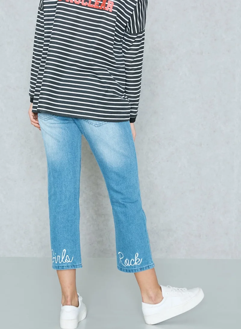 Daisy Street Kick Flare Jeans With Girls Rock Embroidery