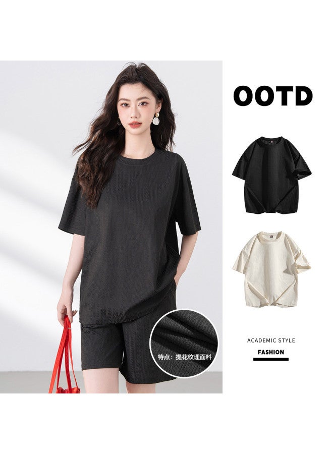 Baleno Casual Jacquard T-shirt - Comfortable Loose Fit Korean Style Slimming Lazy Aesthetic Sporty Women's Short-sleeve Top - Image 2