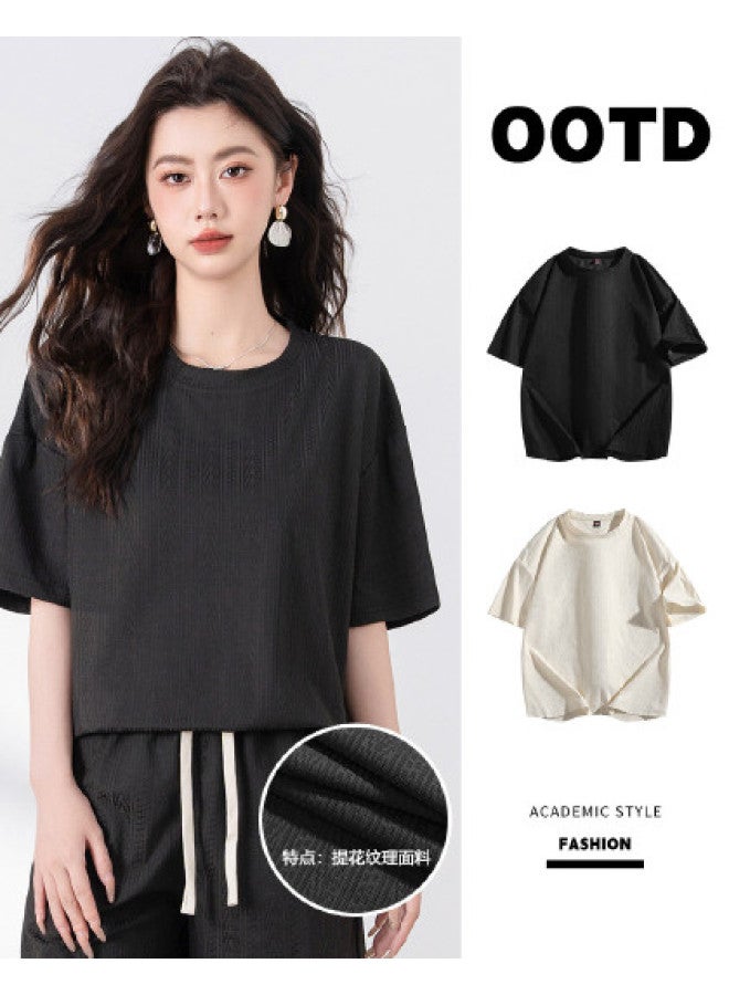 Baleno Casual Jacquard T-shirt - Comfortable Loose Fit Korean Style Slimming Lazy Aesthetic Sporty Women's Short-sleeve Top - Image 1
