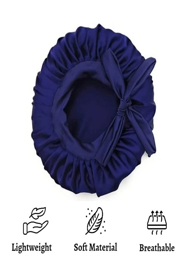 Atrube's Silk Satin Hair Bonnet Reversible Sleep Cap with adjustable tie band Head wrap for sleeping Hair Cover for women with Scrunchies(Blue) - Image 2