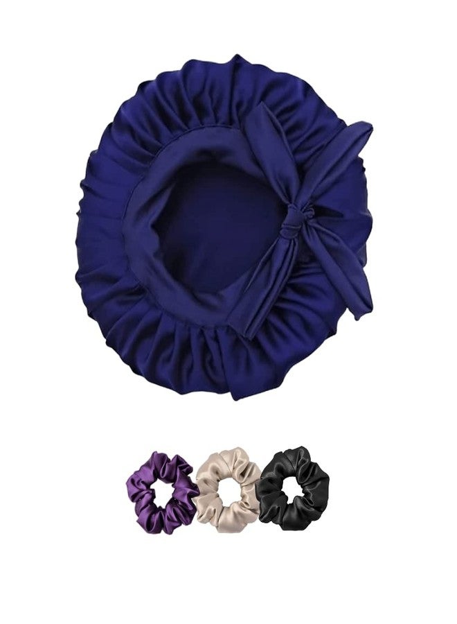 Atrube's Silk Satin Hair Bonnet Reversible Sleep Cap with adjustable tie band Head wrap for sleeping Hair Cover for women with Scrunchies(Blue) - Image 1