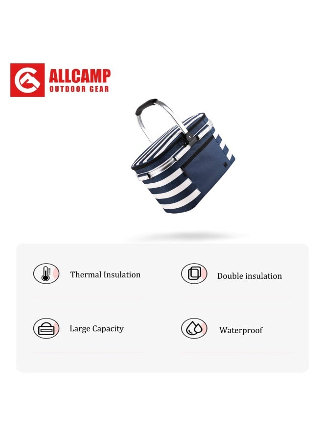 ALLCAMP OUTDOOR GEAR Allcamp Insulated Picnic Baskets Shoping Basket Cooler Bag Collapsible Portable Picnic Basket Blue White Stripe - Image 4