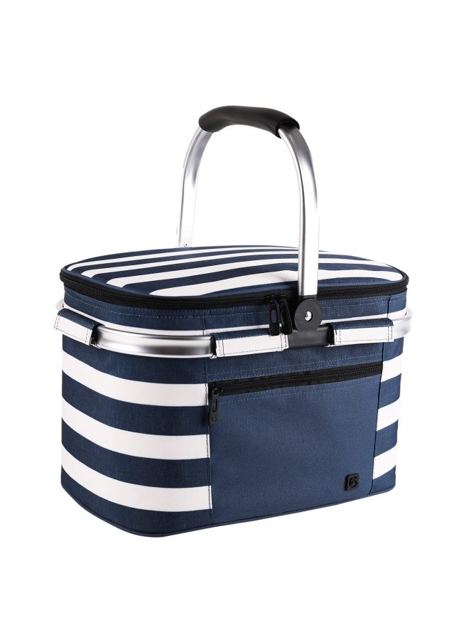 ALLCAMP OUTDOOR GEAR Allcamp Insulated Picnic Baskets Shoping Basket Cooler Bag Collapsible Portable Picnic Basket Blue White Stripe - Image 1