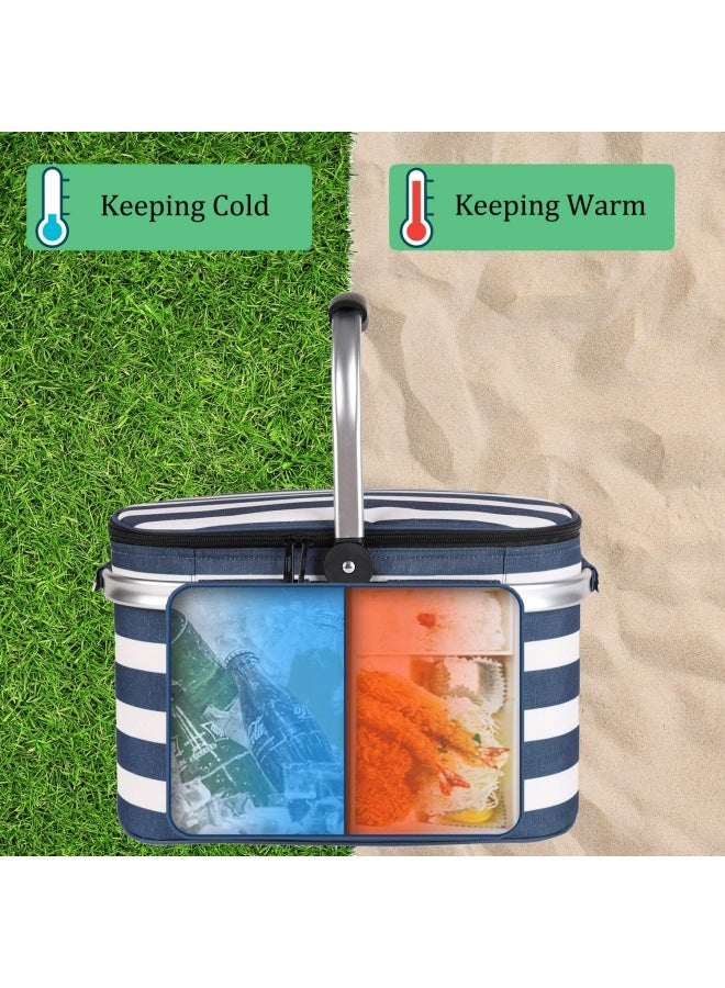 ALLCAMP OUTDOOR GEAR Allcamp Insulated Picnic Baskets Shoping Basket Cooler Bag Collapsible Portable Picnic Basket Blue White Stripe - Image 5