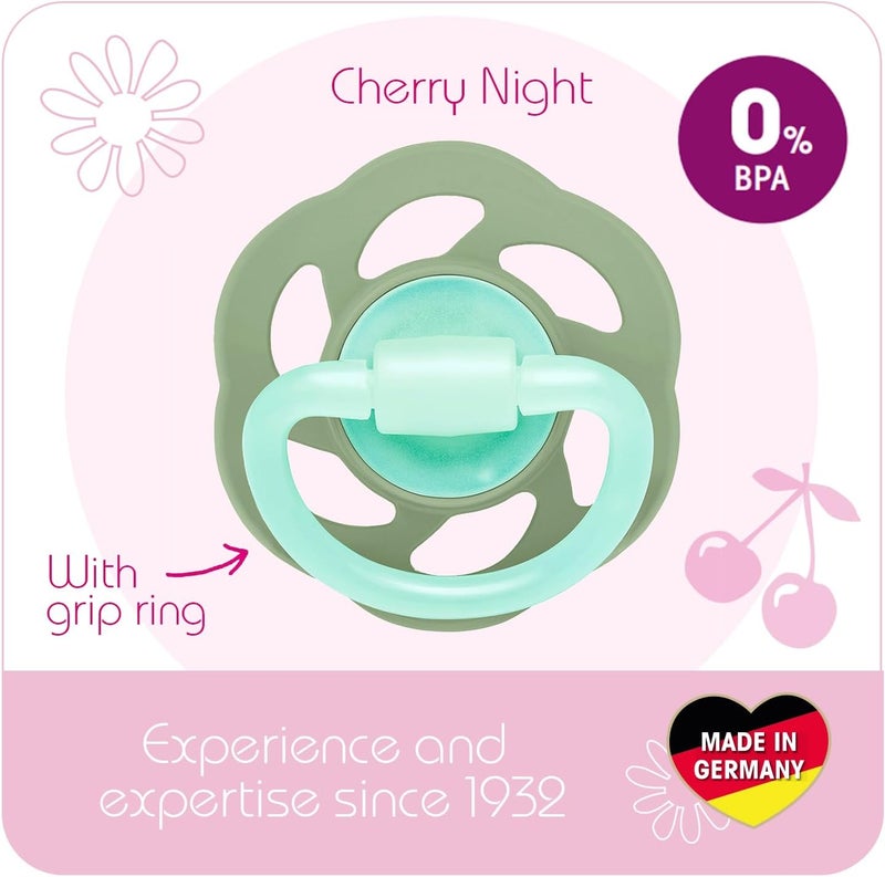 nip Cherry Air Night Soother,Glow in the Dark Pacifier,0-6M,2pc,100% Natural Latex Round Teat,Orthodontic Baby Pacifier,BPAFree,Made in Germany,Brown & Red Ideal for Newborns & Breastfed Babies,Unisex - Image 1