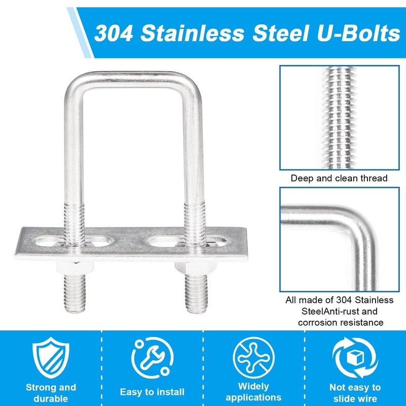 Yinpecly 4 Pack Square U-Bolts 1"/25mm Inner Width 2.75"/70mm Length 304 Stainless Steel U Bolts M6 with Washers & Nuts & Frame Plate for Automobiles Trailer, Ski Boat, or Sailboat Trailer - Image 4