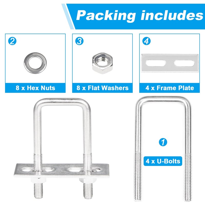 Yinpecly 4 Pack Square U-Bolts 1"/25mm Inner Width 2.75"/70mm Length 304 Stainless Steel U Bolts M6 with Washers & Nuts & Frame Plate for Automobiles Trailer, Ski Boat, or Sailboat Trailer - Image 3