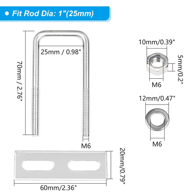 Yinpecly 4 Pack Square U-Bolts 1"/25mm Inner Width 2.75"/70mm Length 304 Stainless Steel U Bolts M6 with Washers & Nuts & Frame Plate for Automobiles Trailer, Ski Boat, or Sailboat Trailer - Image 2