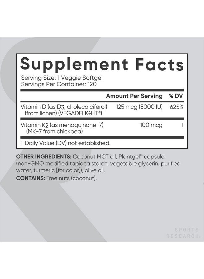 Vitamin D3 + K2 With 5000Iu Of Plantbased D3 & 100Mcg Of Vitamin K2 As Mk7; Nongmo Verified & Vegan Certified (120Ct)