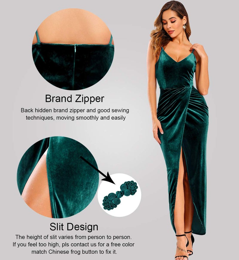 Ababalaya Elegant Spaghetti Strap Velvet Holiday Party Dresses for Women, Green, S - Image 3