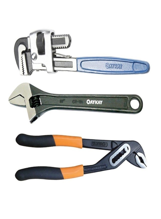 OAYKAY TOOLS مجموعة أدوات يدوية من OAYKAY TOOLS 211 مكونة من 3 قطع، تتضمن مفتاح ربط أنابيب 10 بوصة، كماشة مضخة مياه 10 بوصة، ومفتاح ربط قابل للتعديل 8 بوصة. - Image 1