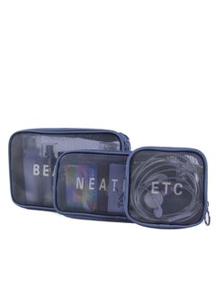 Travel Mesh Makeup Bags Set 3 Pieces See Through Zipper Pouch Cosmetic and Toiletry Organizer Bag for Offices Accessories, S M L(Navy Blue)