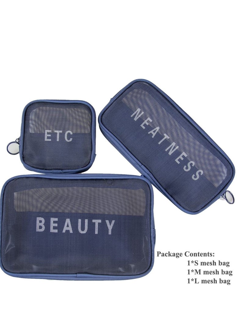 Excefore - Travel Mesh Makeup Bags Set 3 Pieces See Through Zipper Pouch Cosmetic and Toiletry Organizer Bag for Offices Accessories, S M L(Navy Blue) - Image 1