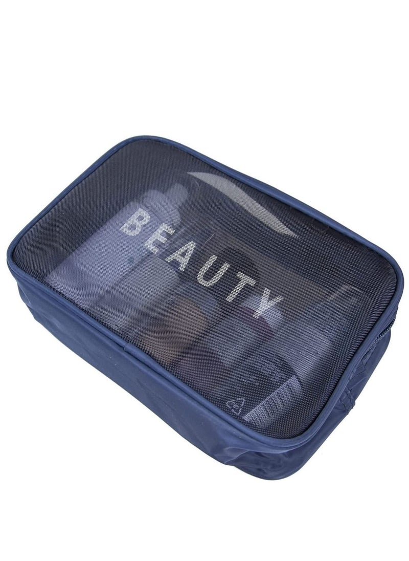 Excefore - Travel Mesh Makeup Bags Set 3 Pieces See Through Zipper Pouch Cosmetic and Toiletry Organizer Bag for Offices Accessories, S M L(Navy Blue) - Image 1