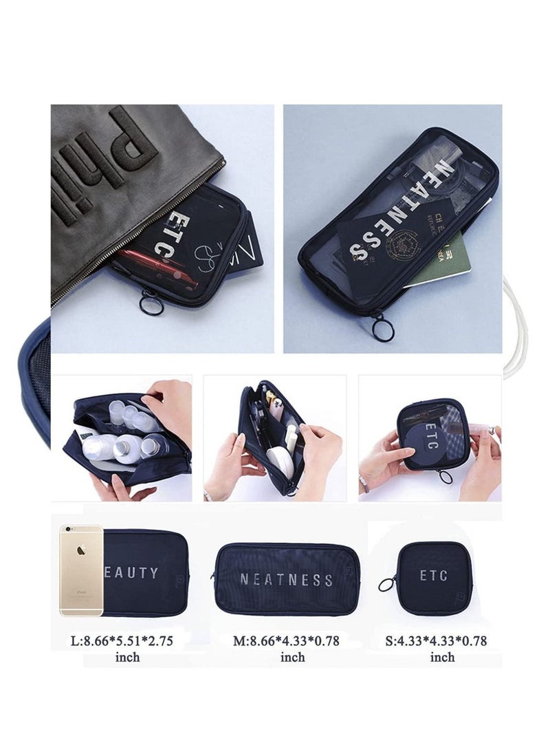 Excefore - Travel Mesh Makeup Bags Set 3 Pieces See Through Zipper Pouch Cosmetic and Toiletry Organizer Bag for Offices Accessories, S M L(Navy Blue) - Image 1